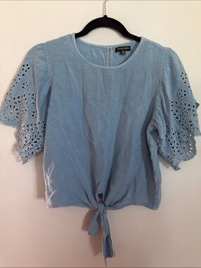 Style Envy Light Blue Eyelet Sleeve Tie-Front Blouse